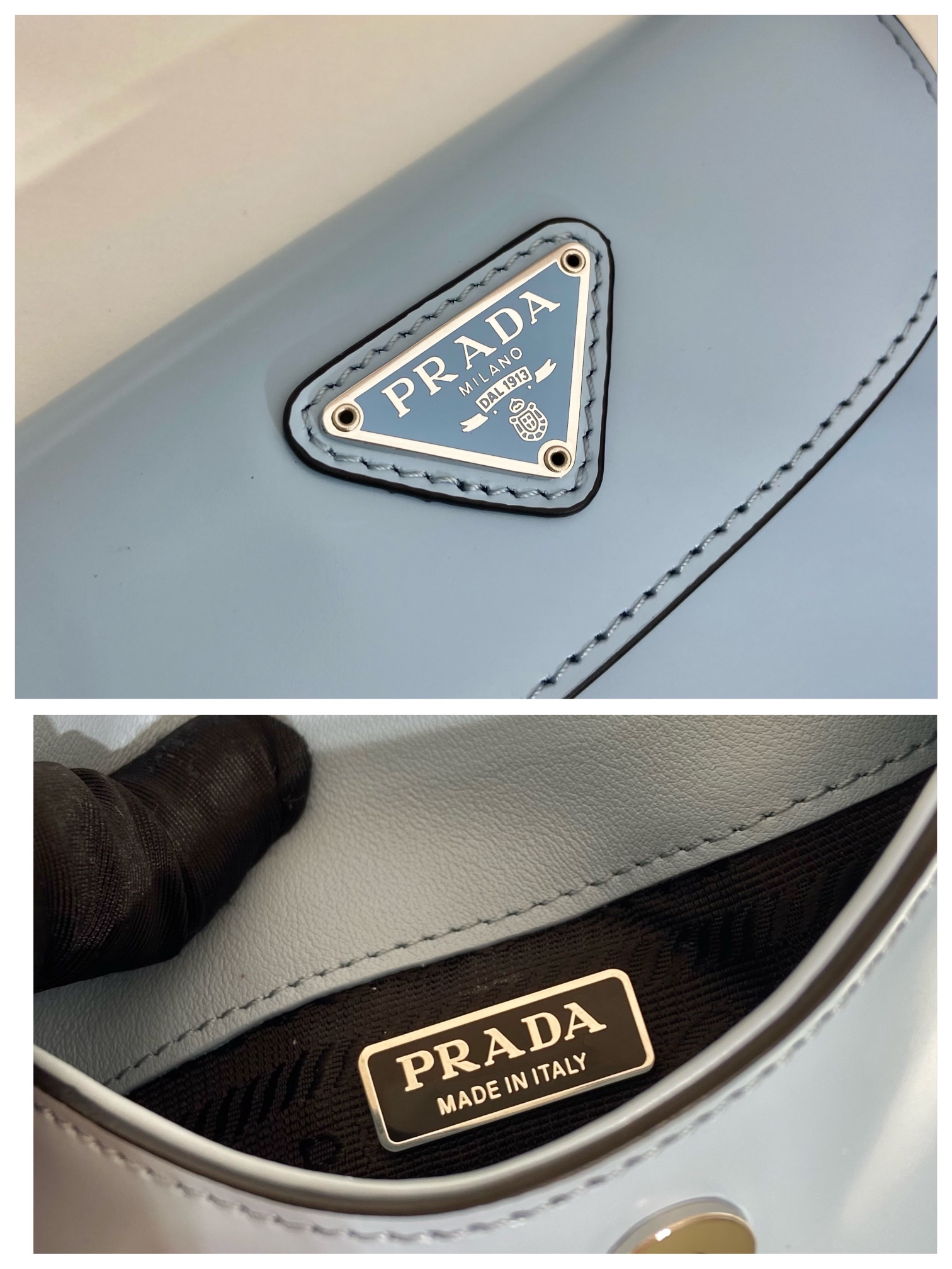 Prada Cleo Brushed Leather Shoulder Bag With Flap Light Blue 1BH188